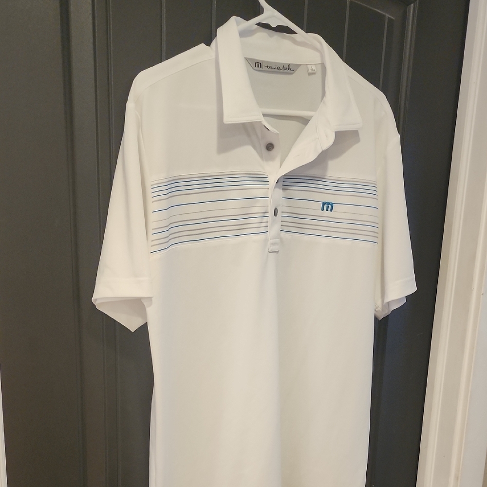 Travis Mathew White and Blue Polo Shirt Sporty Design